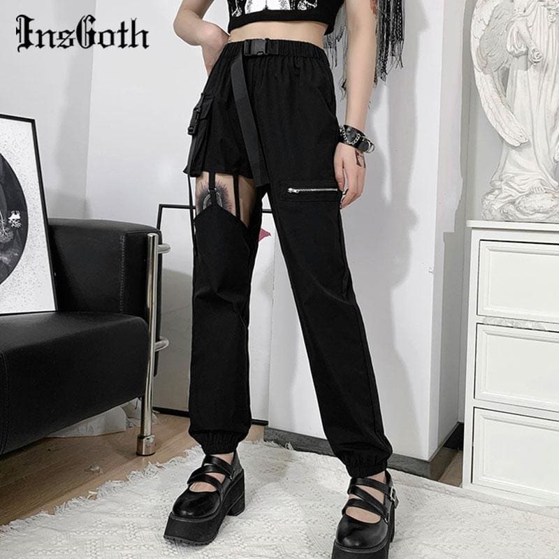 Goth Black Punk Streetwear Hollow Out Big Pocket Trousers - 