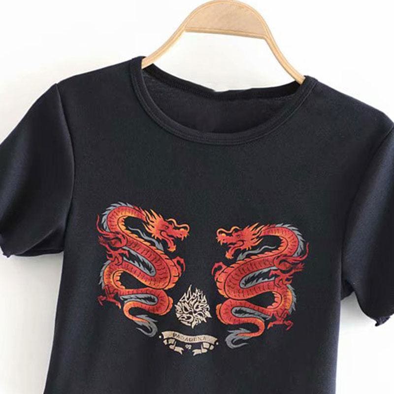 Gothic Black Dragon Print Slim T-Shirt MK15922 - KawaiiMoriStore