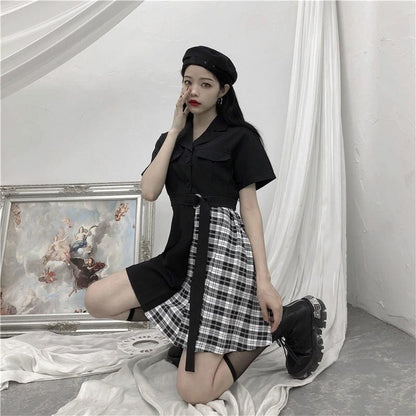 Gothic Black Patchwork Plaid Dress MK14962 - KawaiiMoriStore