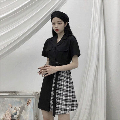 Gothic Black Patchwork Plaid Dress MK14962 - KawaiiMoriStore