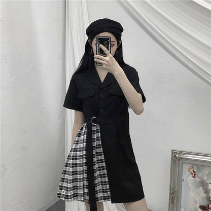 Gothic Black Patchwork Plaid Dress MK14962 - KawaiiMoriStore