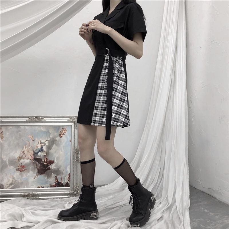 Gothic Black Patchwork Plaid Dress MK14962 - KawaiiMoriStore