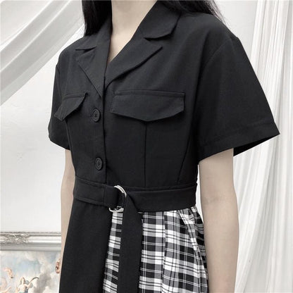 Gothic Black Patchwork Plaid Dress MK14962 - KawaiiMoriStore