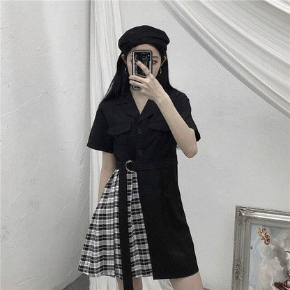 Gothic Black Patchwork Plaid Dress MK14962 - KawaiiMoriStore