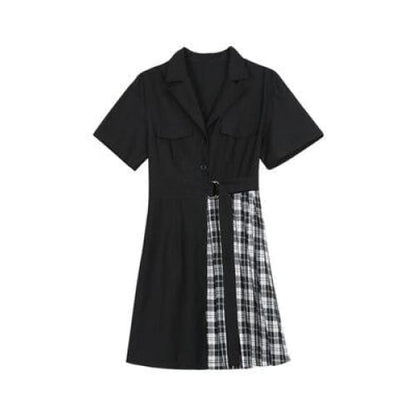 Gothic Black Patchwork Plaid Dress MK14962 - KawaiiMoriStore