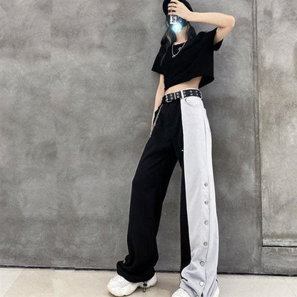 Gothic Black White MKlice High Waist Wide Leg Pants MK15192 - KawaiiMoriStore