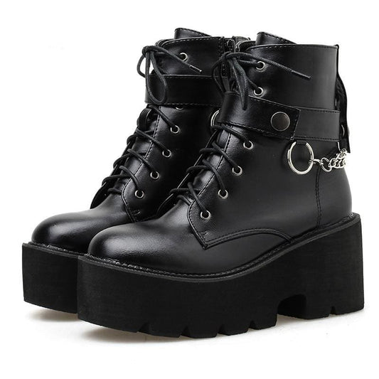 Gothic Chain Strap Lace Up Platform Boots MK006 - KawaiiMoriStore