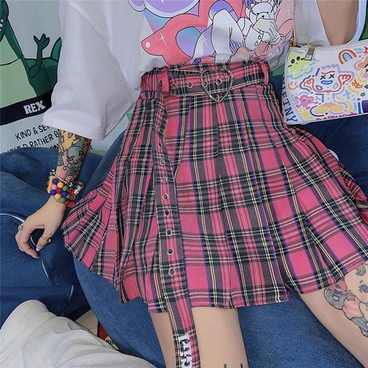 Gothic Cool Girl Heart Plaid Skirt MK15786 - KawaiiMoriStore