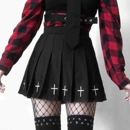 Gothic Cross Print Black Pleated Skirts MK13899 - KawaiiMoriStore