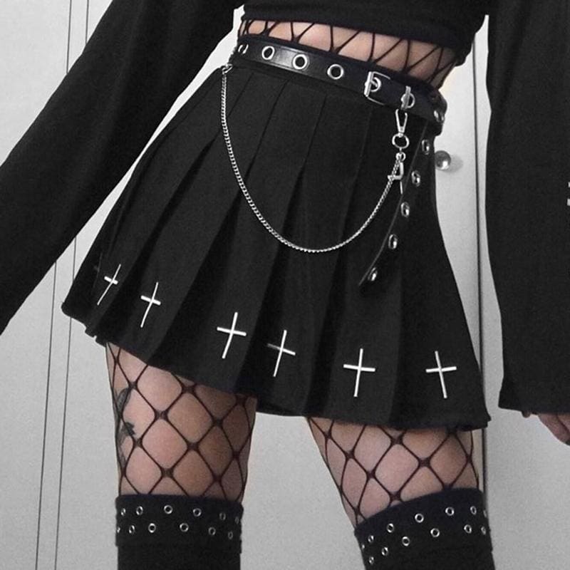 Gothic Cross Print Black Pleated Skirts MK13899 - KawaiiMoriStore