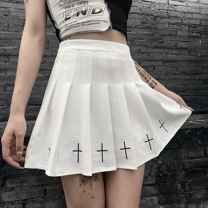 Gothic Cross Print Black Pleated Skirts MK13899 - KawaiiMoriStore