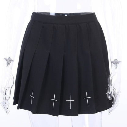 Gothic Cross Print Black Pleated Skirts MK13899 - KawaiiMoriStore