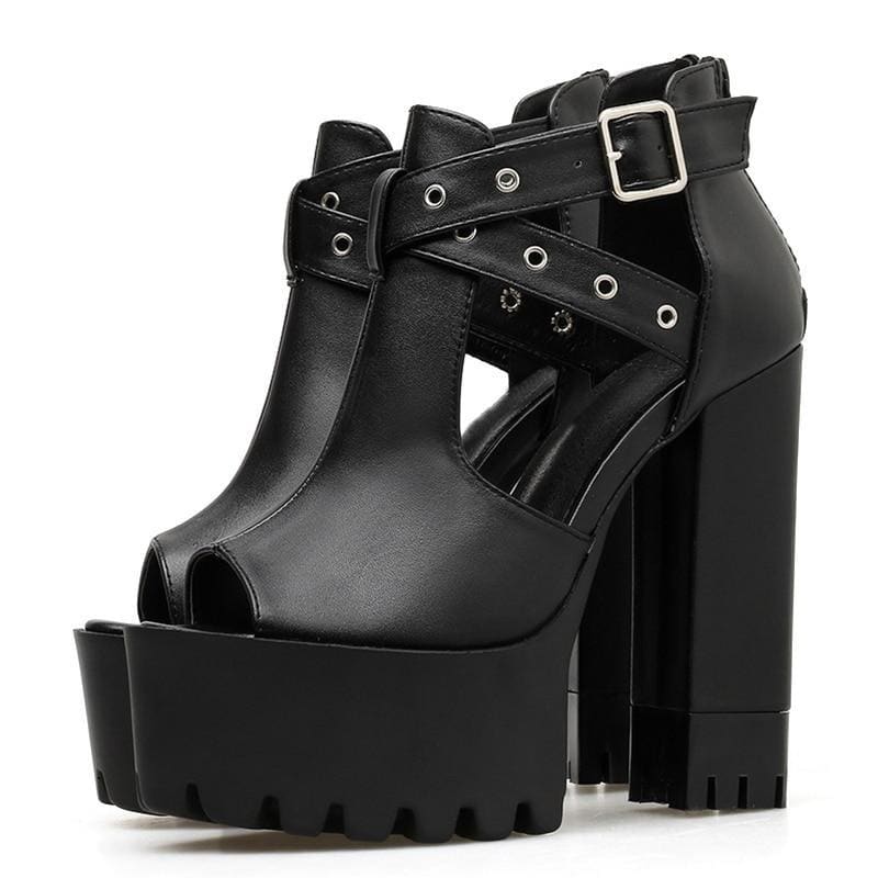 Gothic Eyelet Cross Straps Peep Toe Platform Shoes MK0185 - KawaiiMoriStore