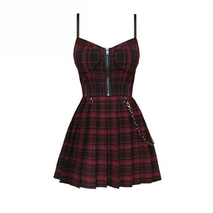 Gothic Grunge Spaghetti Strap Plaid Mini Dress (Available in 2 colors) MK007 - KawaiiMoriStore
