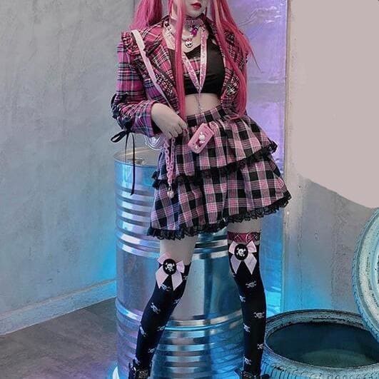 Gothic Harajuku Cake Skirts Pink Plaid Fashion Sweet Girl 