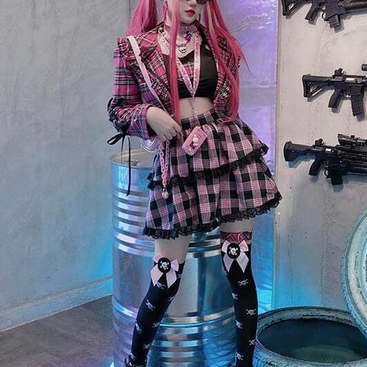 Gothic Harajuku Cake Skirts Pink Plaid Fashion Sweet Girl Punk Skirt Set MK194 - KawaiiMoriStore