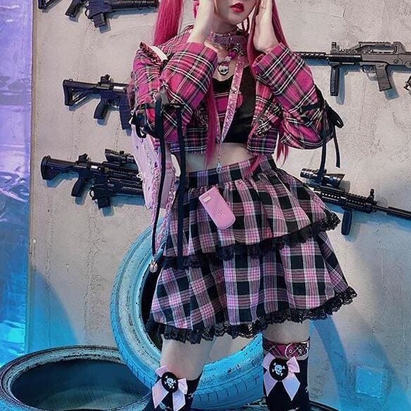 Gothic Harajuku Cake Skirts Pink Plaid Fashion Sweet Girl Punk Skirt Set MK194 - KawaiiMoriStore