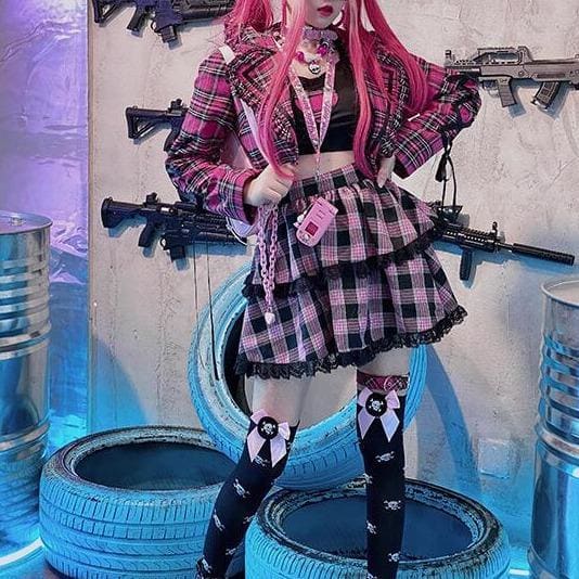 Gothic Harajuku Cake Skirts Pink Plaid Fashion Sweet Girl Punk Skirt Set MK194 - KawaiiMoriStore