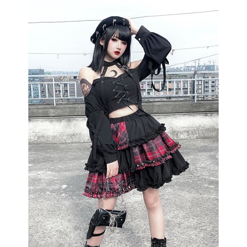 Gothic Harajuku Cake Skirts Red Plaid Bowknot Stitching Short Skirts Suit MK0581 - KawaiiMoriStore