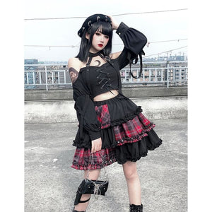 Gothic Harajuku Cake Skirts Red Plaid Bowknot Stitching Short Skirts Suit MM0581 - KawaiiMoriStore