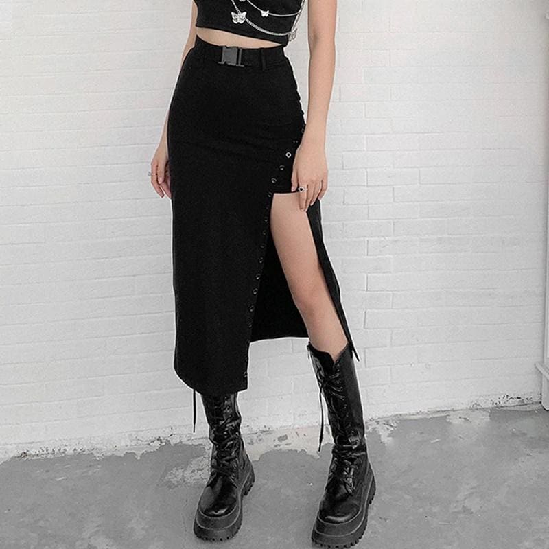 Gothic High Waist A-Line Black Midi Skirt - skirt