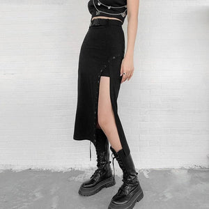 Gothic High Waist A-Line Black Midi Skirt - skirt