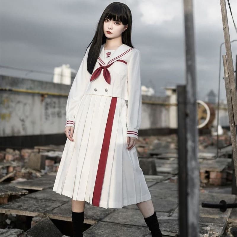 Gothic Long/Short Sleeve Girls High Waist White MKilor Skirts Set MK110 - KawaiiMoriStore