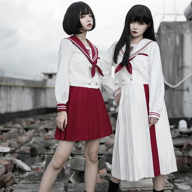 Gothic Long/Short Sleeve Girls High Waist White Sailor Skirts Set MK110 - KawaiiMoriStore