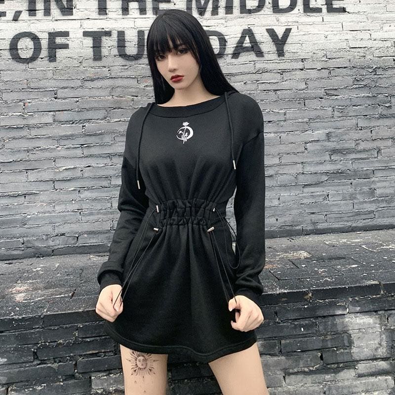 Gothic Moon Rose Embroidery Drawstring Hoodie Dress MK15301 - KawaiiMoriStore