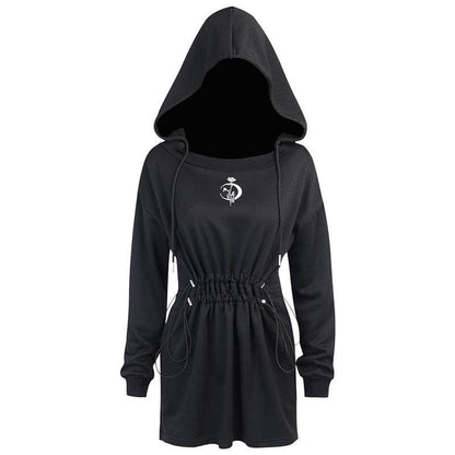 Gothic Moon Rose Embroidery Drawstring Hoodie Dress MK15301 - KawaiiMoriStore