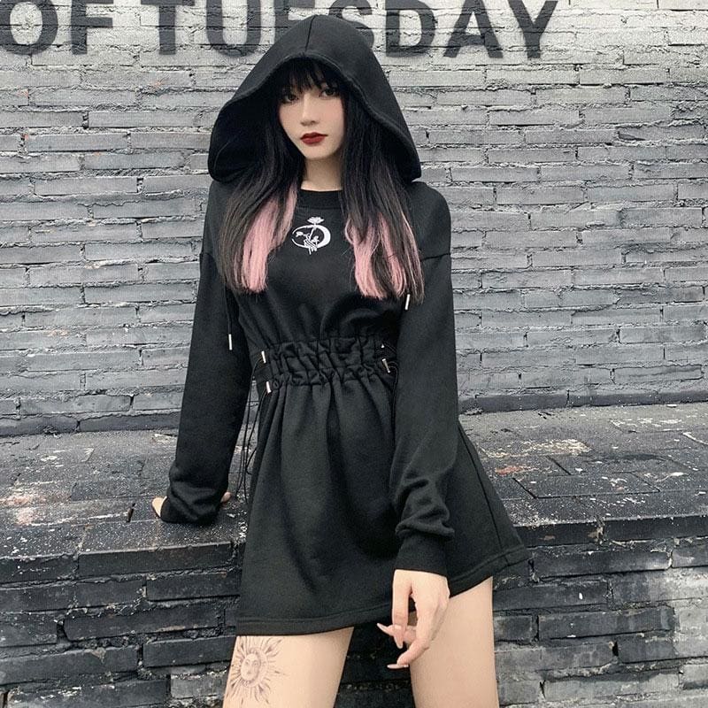 Gothic Moon Rose Embroidery Drawstring Hoodie Dress MK15301 - KawaiiMoriStore