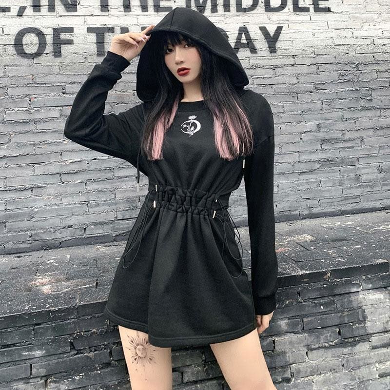 Gothic Moon Rose Embroidery Drawstring Hoodie Dress MK15301 - KawaiiMoriStore