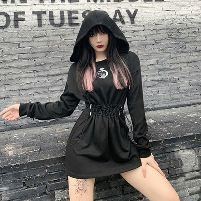 Gothic Moon Rose Embroidery Drawstring Hoodie Dress MK15301 - KawaiiMoriStore