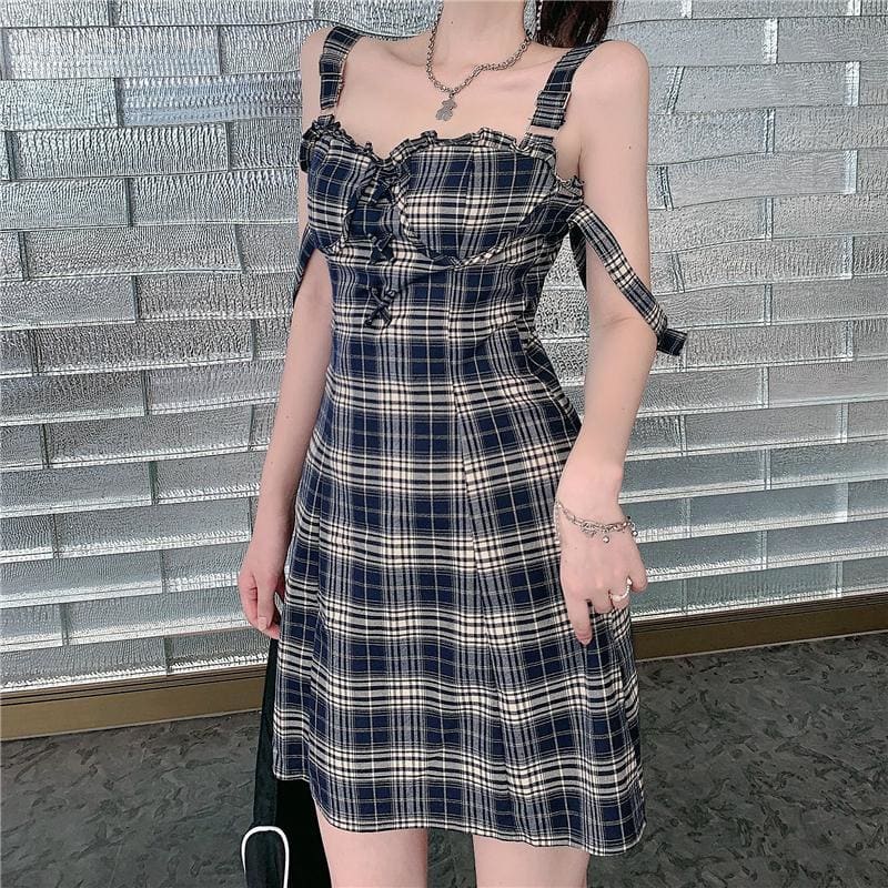 Gothic Sleeveless Lace Plaid Halter Sling Dress MK0518 - KawaiiMoriStore