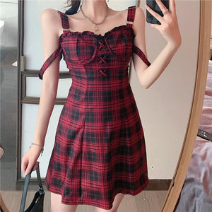 Gothic Sleeveless Lace Plaid Halter Sling Dress MK0518 - KawaiiMoriStore