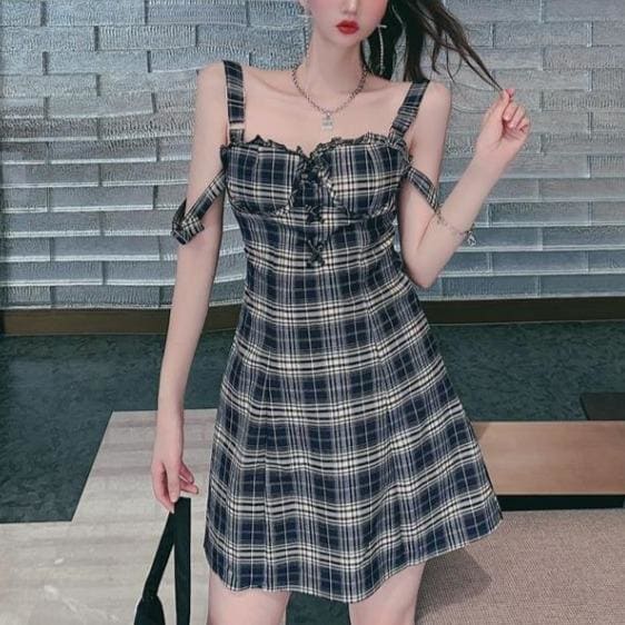 Gothic Sleeveless Lace Plaid Halter Sling Dress MK0518 - KawaiiMoriStore