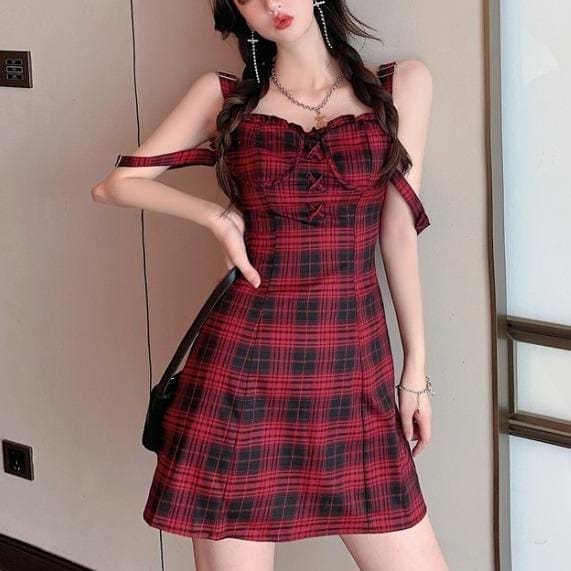 Gothic Sleeveless Lace Plaid Halter Sling Dress MK0518 - KawaiiMoriStore