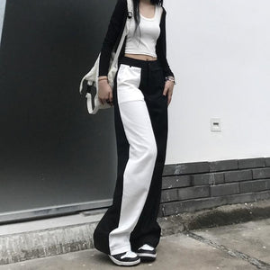 Gothic Streetwear Black White Patchwork Wide Leg Pants - 