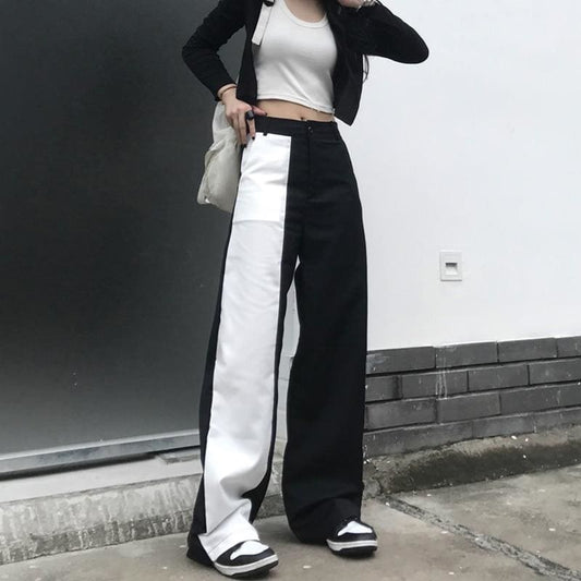 Gothic Streetwear Black White Patchwork Wide Leg Pants - 