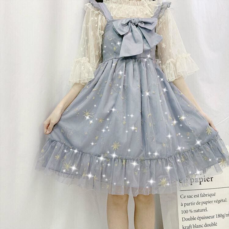 Gray/Beige Cute Galaxy Bowknot Soft Lolita Dress MM1648 - KawaiiMoriStore