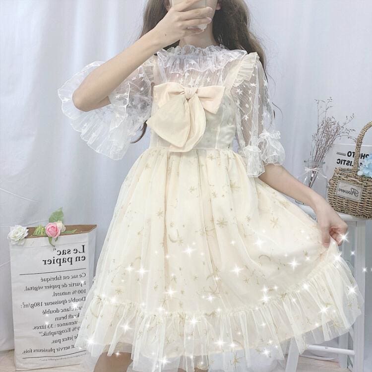 Gray/Beige Cute Galaxy Bowknot Soft Lolita Dress MM1648 - KawaiiMoriStore