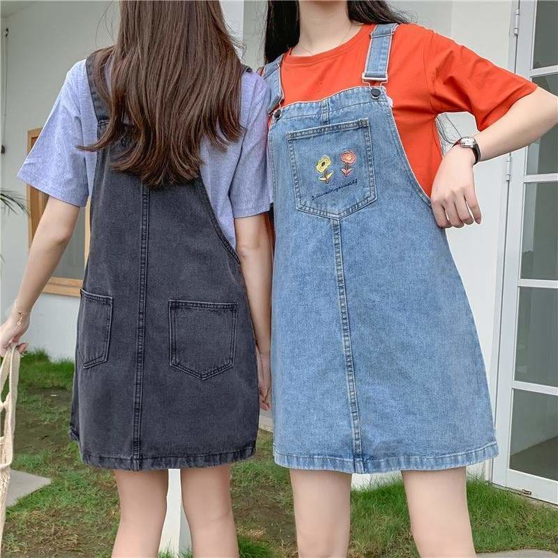 Gray/Blue Summer Flowers Asian Streetwear Casual Overalls 