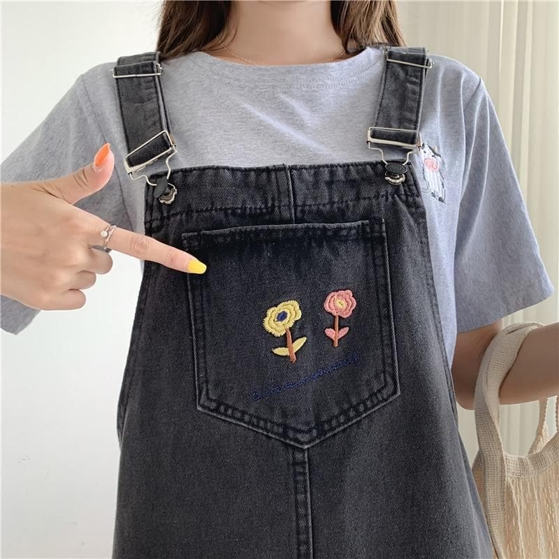 Gray/Blue Summer Flowers Asian Streetwear Casual Overalls 