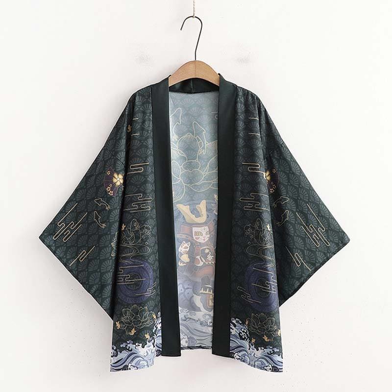 Green/Black/Red/Navy Harajuku Cartoon Carp Print Kimono Outerwear Sun Protective MM1240 - KawaiiMoriStore