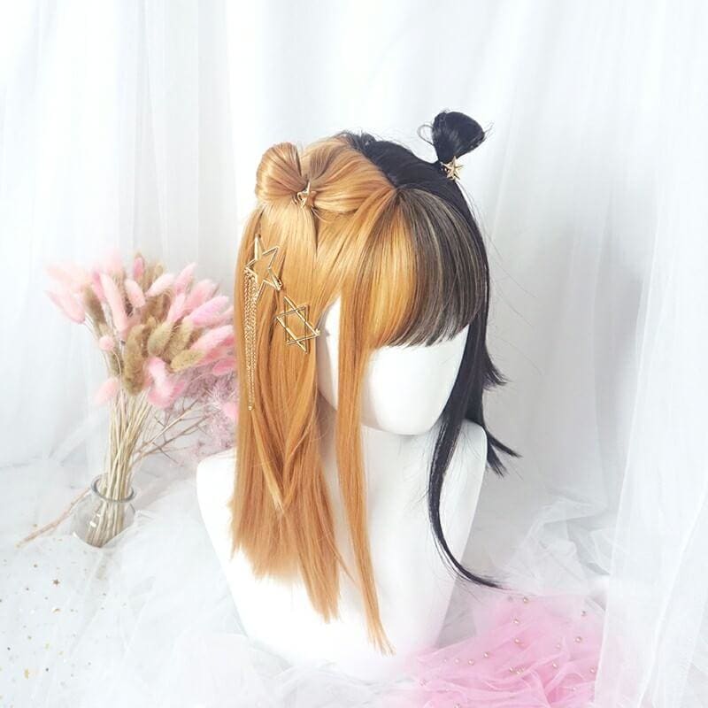 Half Orange Half Black Mixed Double Color Girl Wig MK16009 - KawaiiMoriStore