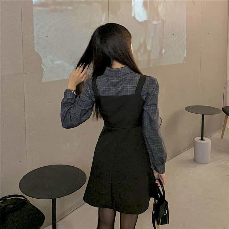 Handsome Gothic Chic Short Plaid Top+Black Halter Skirt Suit MK15859 - KawaiiMoriStore