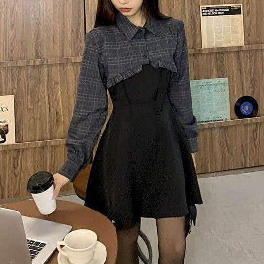 Handsome Gothic Chic Short Plaid Top+Black Halter Skirt Suit MK15859 - KawaiiMoriStore