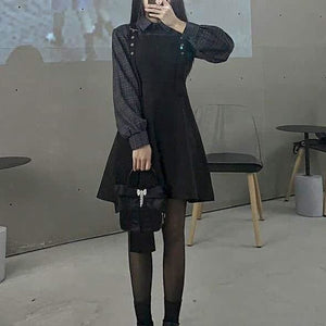 Handsome Gothic Chic Short Plaid Top+Black Halter Skirt Suit MK15859 - KawaiiMoriStore