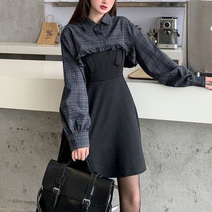 Handsome Gothic Chic Short Plaid Top+Black Halter Skirt Suit MK15859 - KawaiiMoriStore