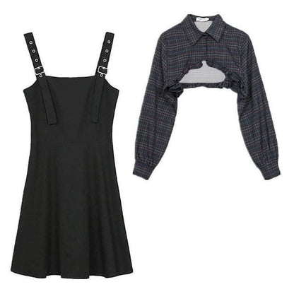 Handsome Gothic Chic Short Plaid Top+Black Halter Skirt Suit MK15859 - KawaiiMoriStore